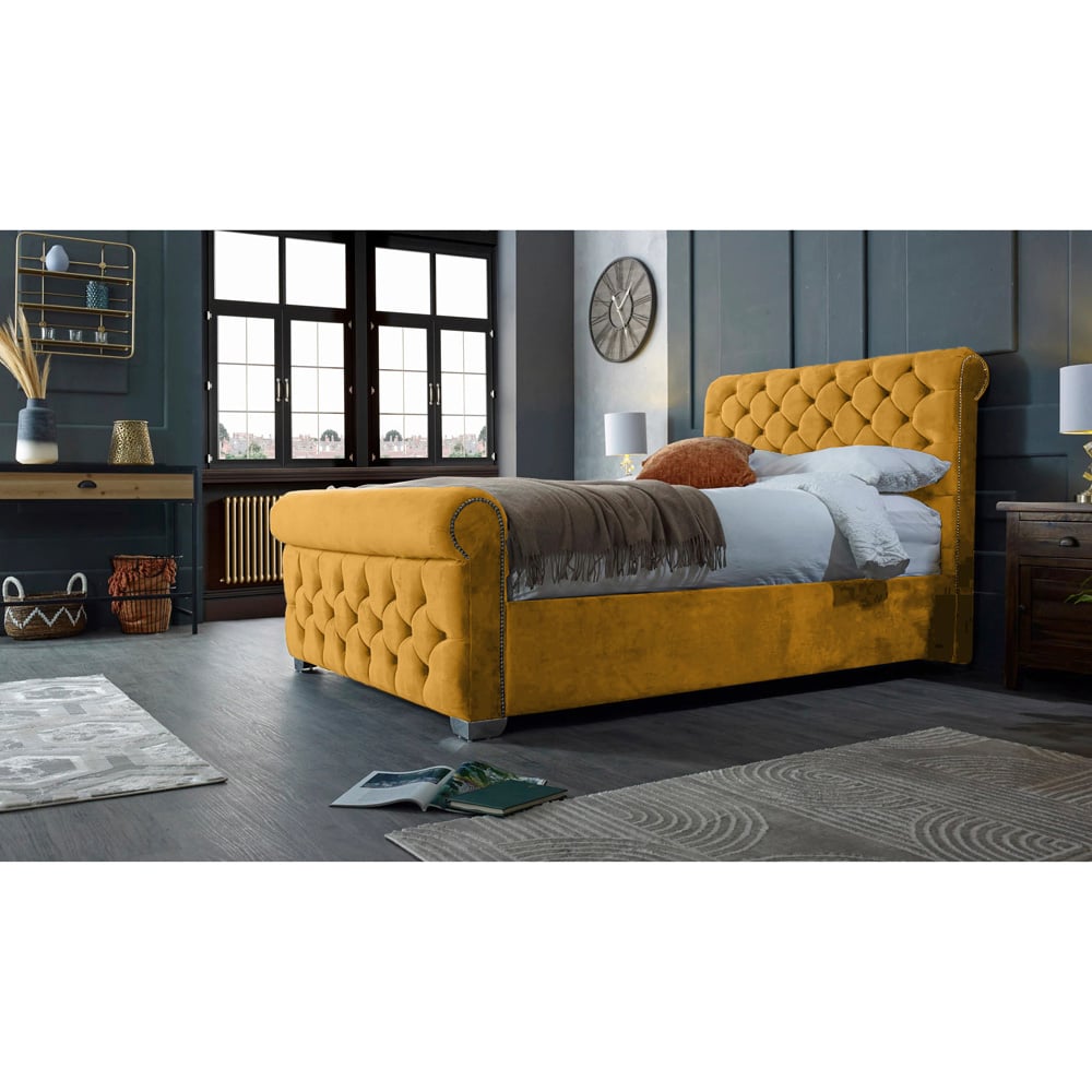 Eleganza Home Veneta Super King Size Mustard Plush Velvet Bed Frame with Chesterfield Headboard Image 5