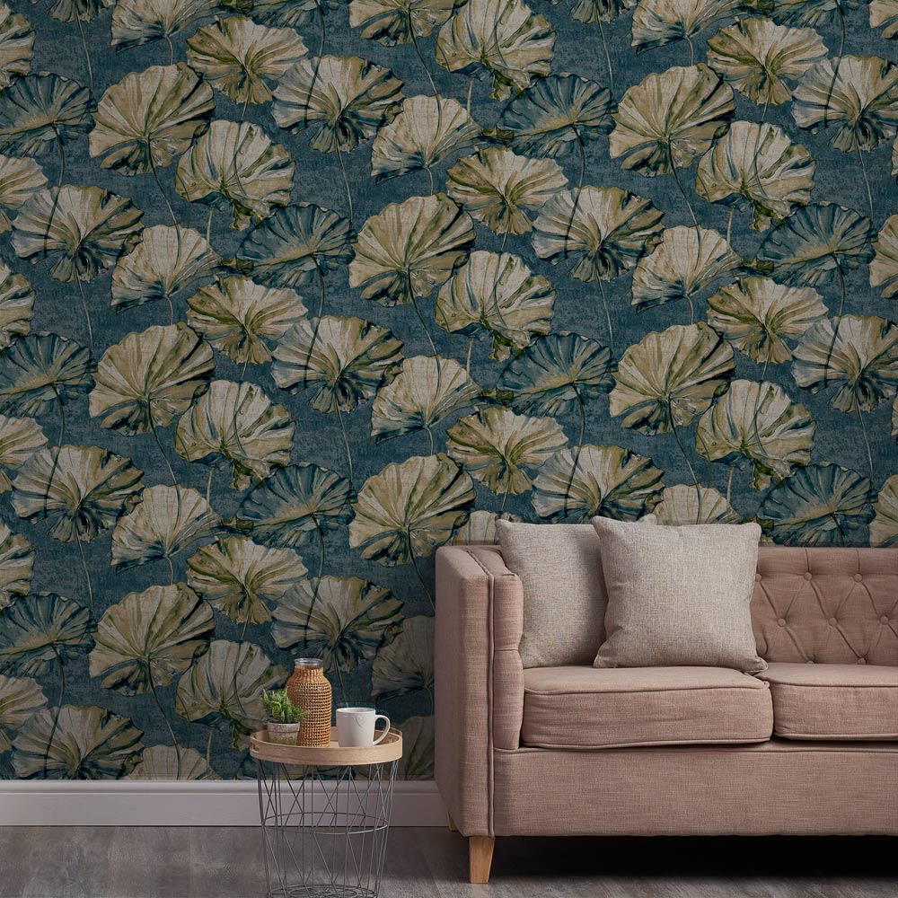 Grandeco Boutique Collection Water Lily Navy Wallpaper Image 3