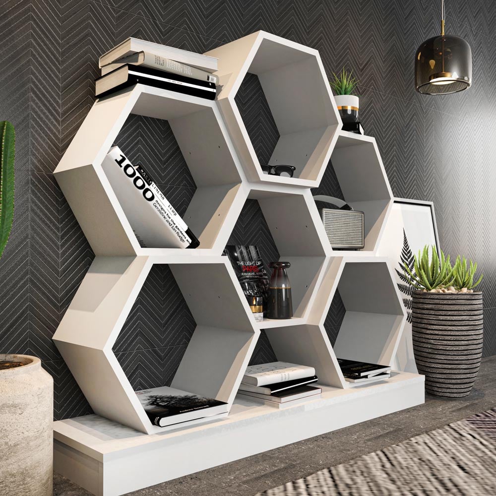 Decorotika Flower White Wide Hexagonal Bookcase Image 5