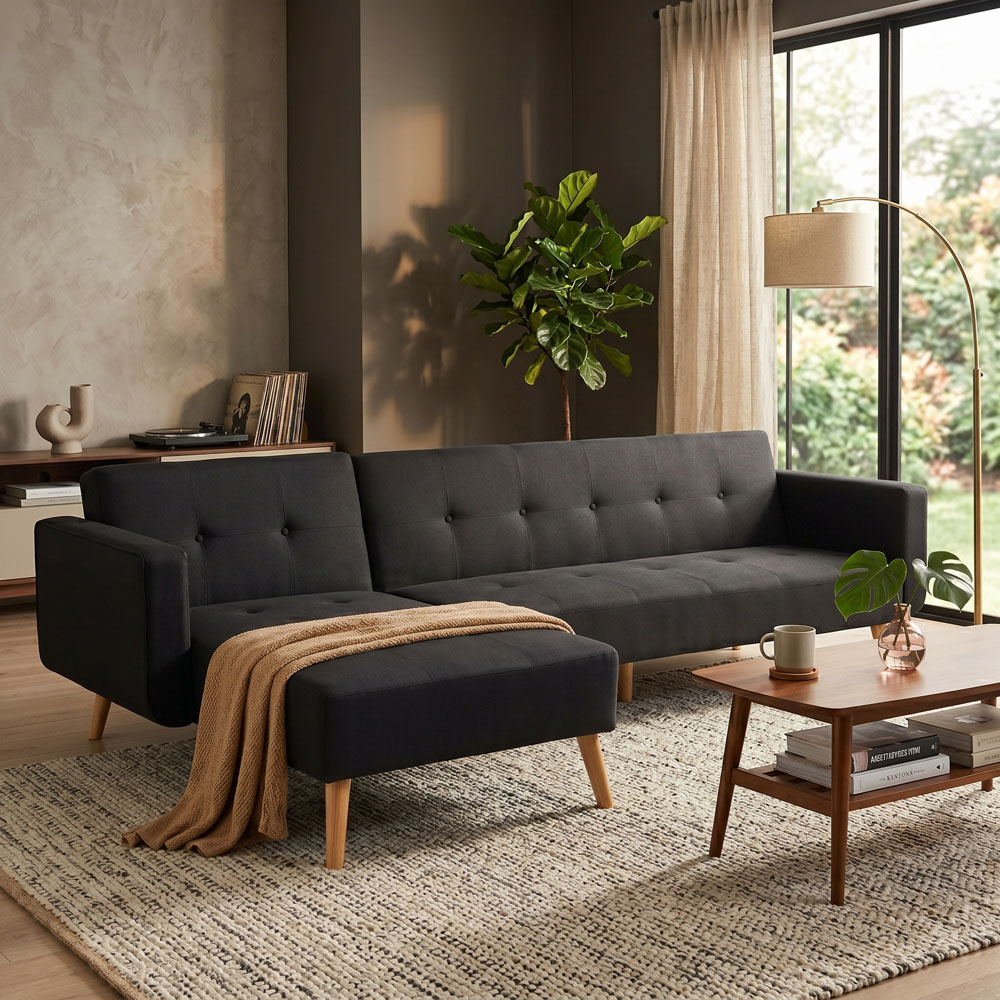 Premier Housewares Hansa Hagen 3 Seater Black Linen Corner Sofa Bed Image 3