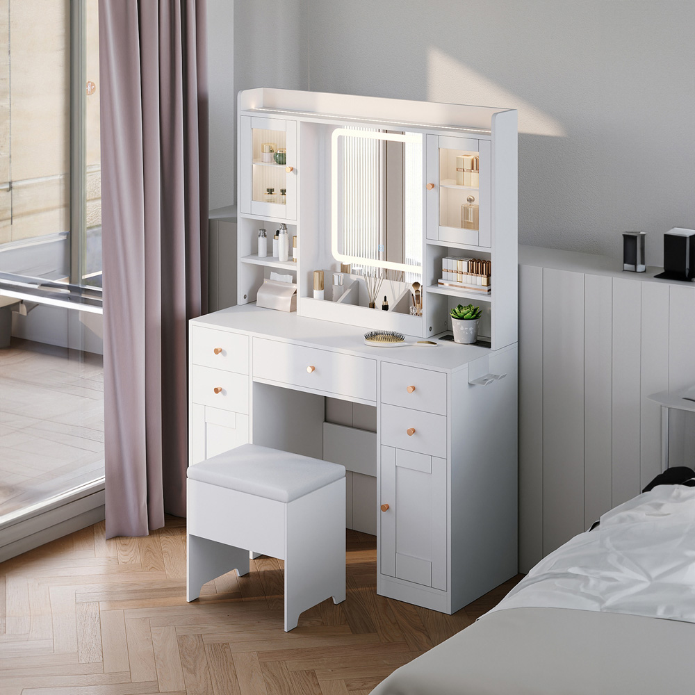 Living and Home 5 Drawer 4 Door 3 Shelf White LED Dressing Table Set Image 7