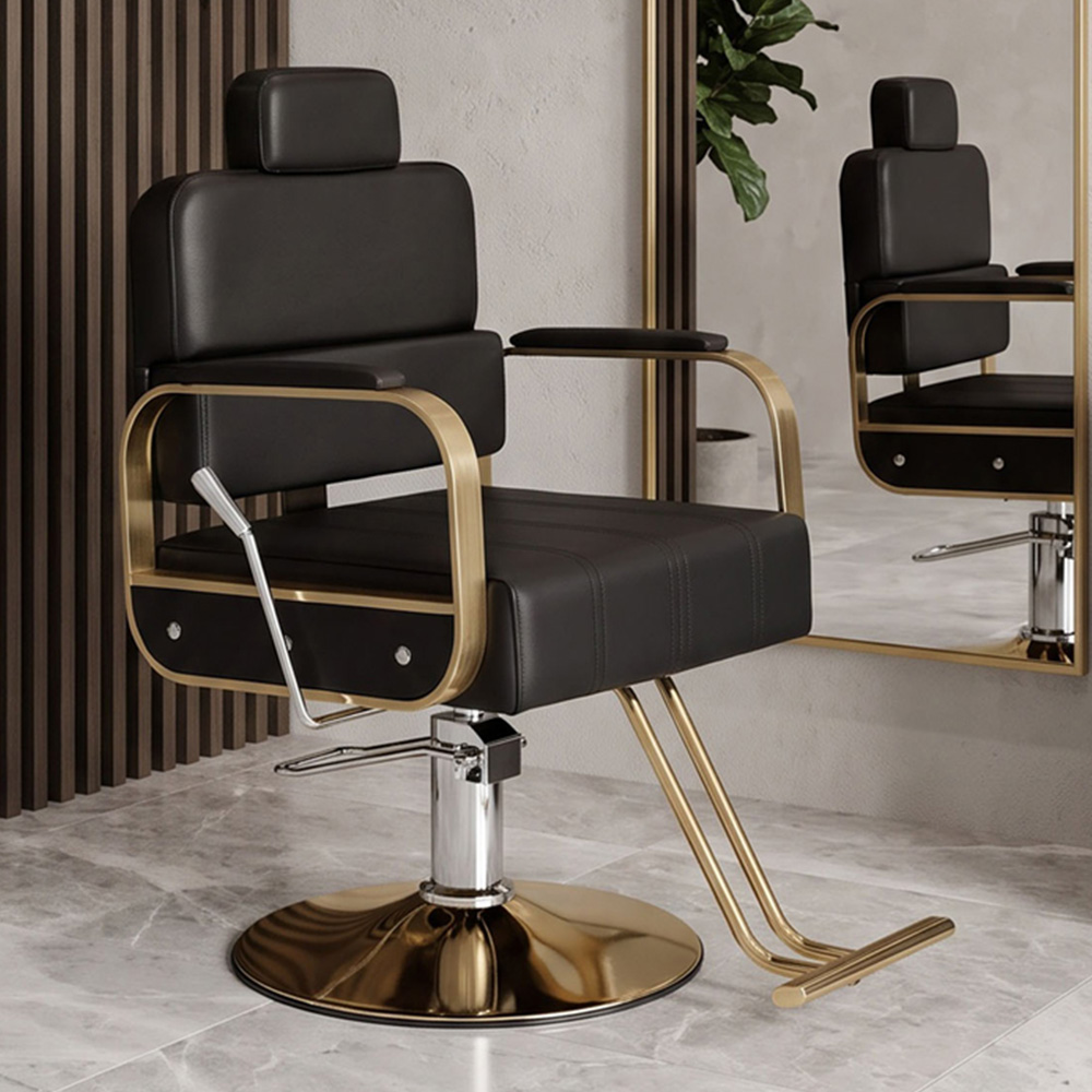 Living and Home Black and Gold Reclining Barber Chair with Hydraulic Lift Image 1