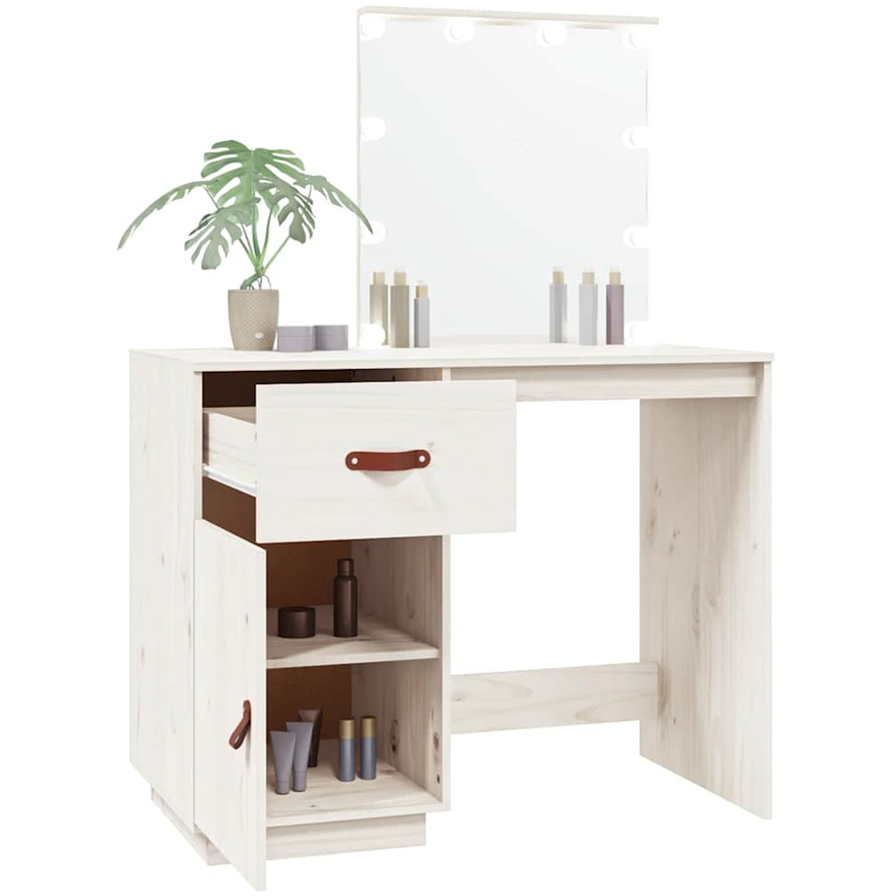 vidaXL Single Door Single Drawer White Solid Wood Pine Dressing Table with LED Mirror Image 5