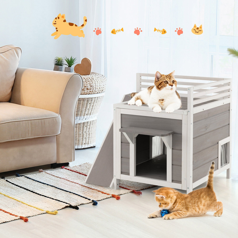 Costway Grey Pet Dog House with Balcony Image 3