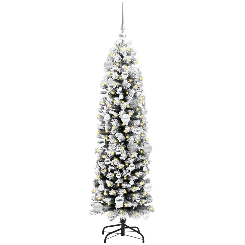 vidaXL Green Snow Flocked Artificial Christmas Tree with LEDs Silver Decoration Ornaments 5ft Image 1