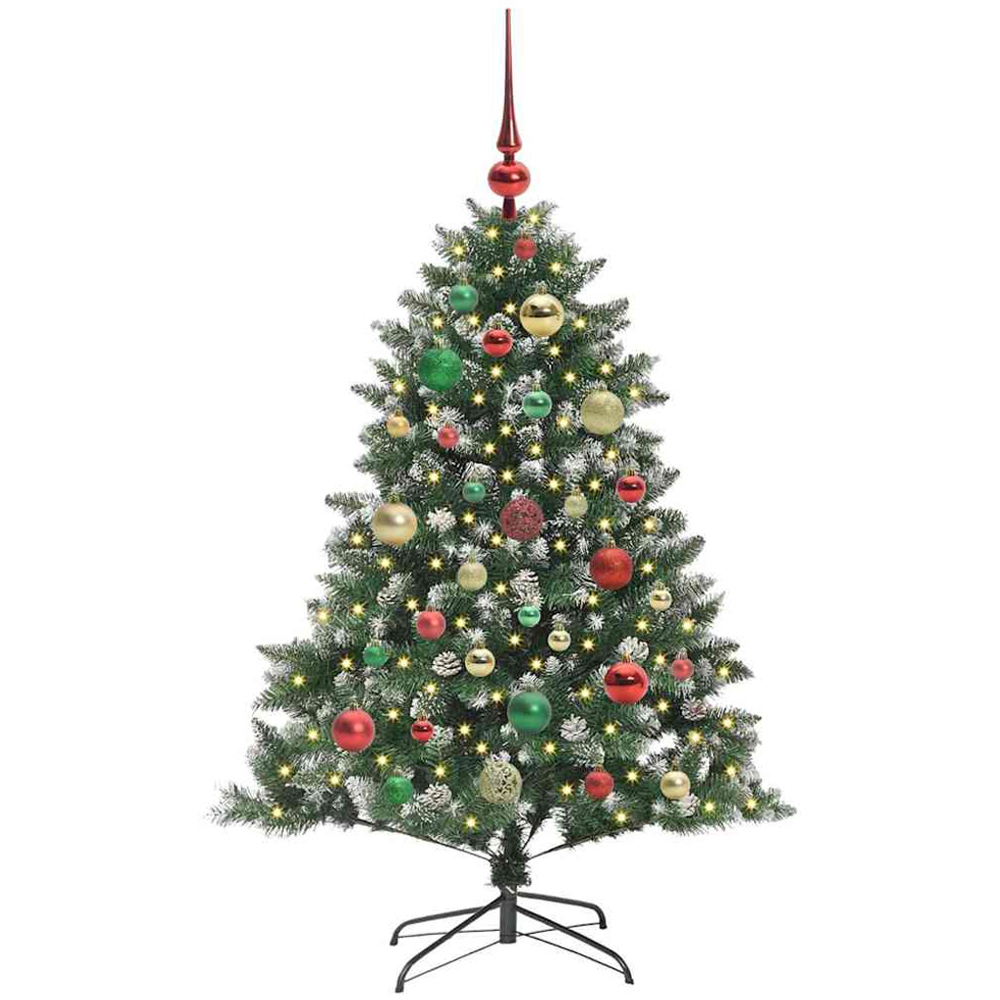 vidaXL Pre-Lit Multicolour Bauble Pinecones Green Snow Flocked Artificial Christmas Tree 4ft Image 1