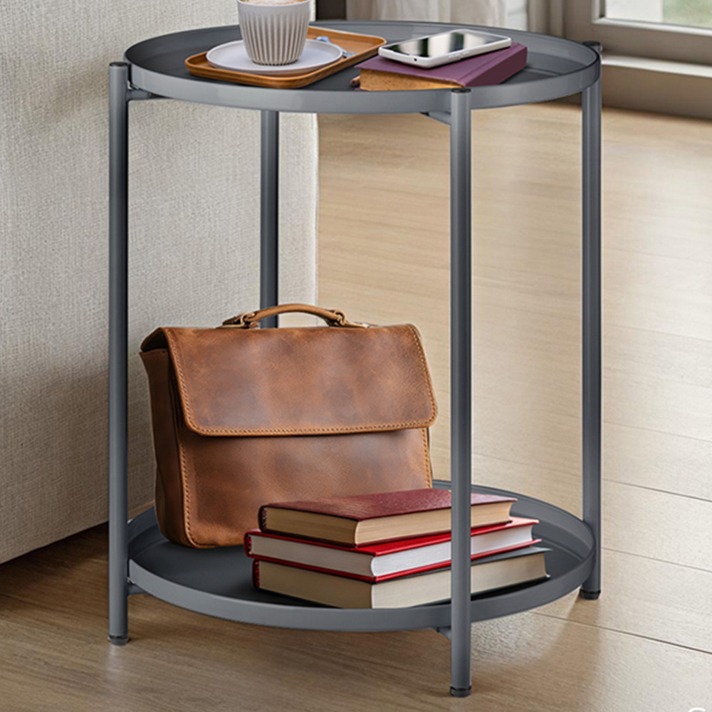 tectake Oxford 2 Shelf Dark Grey Round Bedside Table Image 1