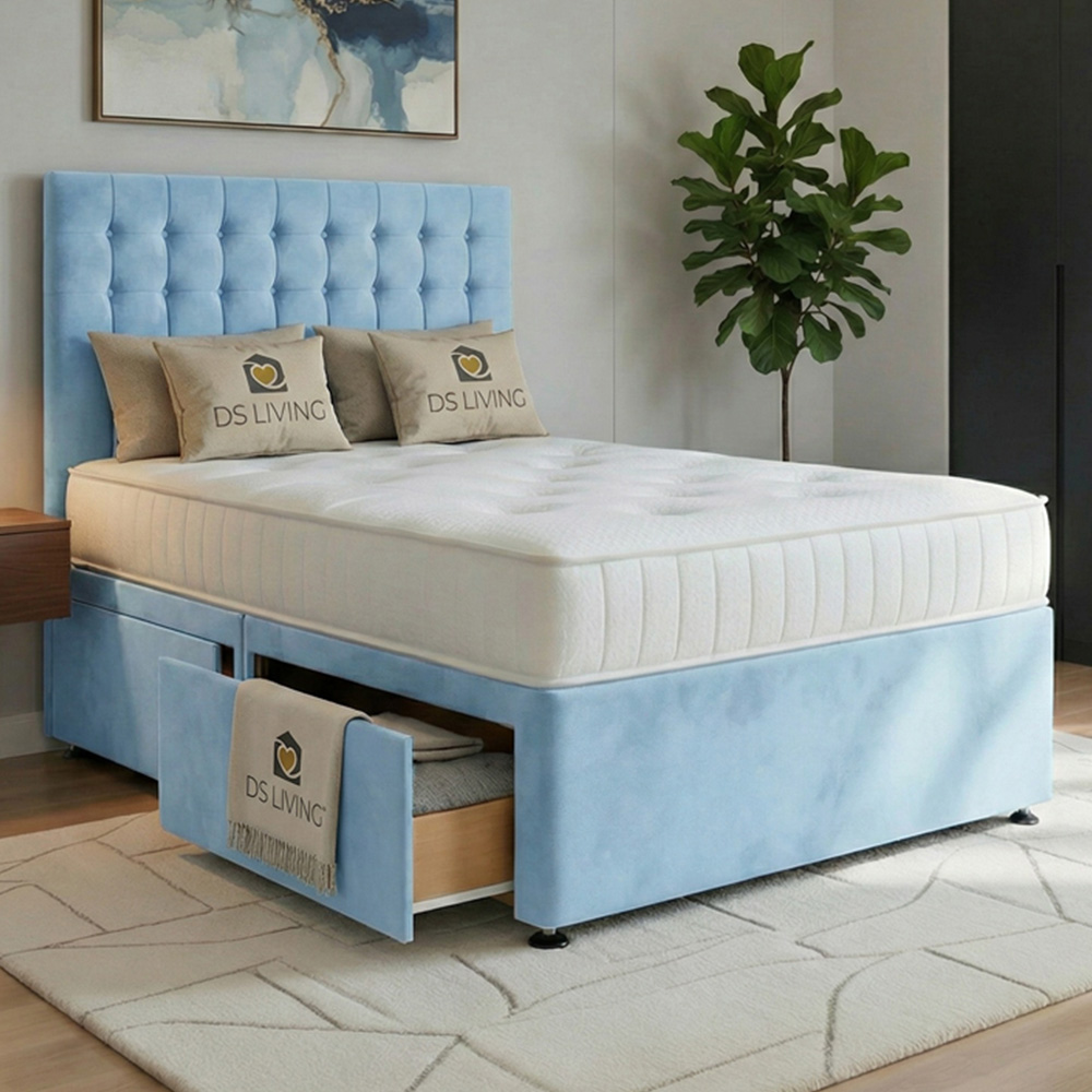 DS Living Casia Single Sky Blue Plush Velvet Divan Bed with 2 Drawer Image 1