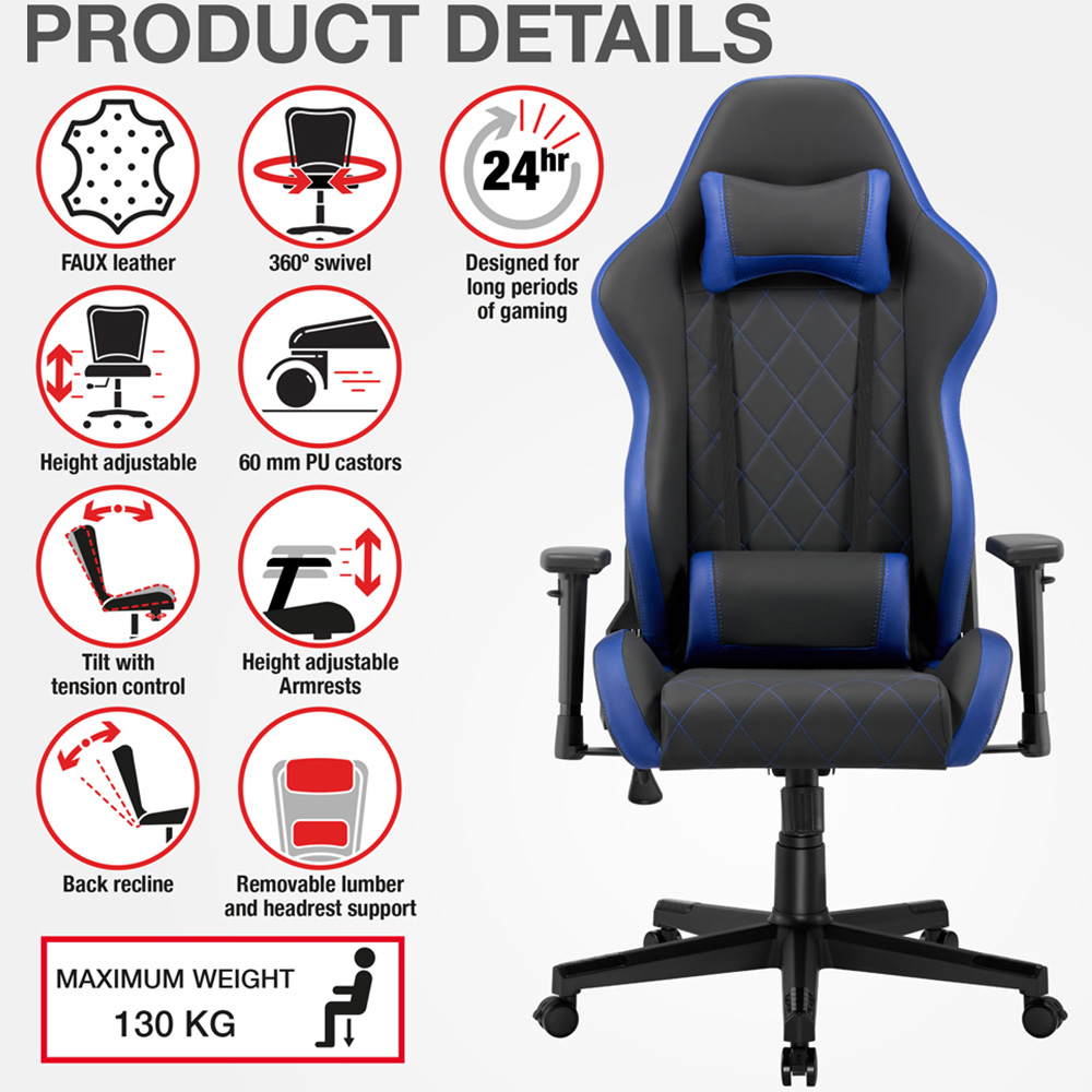 TTAP Monaco Black and Blue Faux Leather Swivel Gaming Chair Image 8