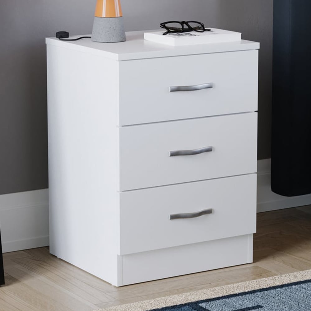 Vida Designs Riano 3 Drawer White Bedside Table Image 1