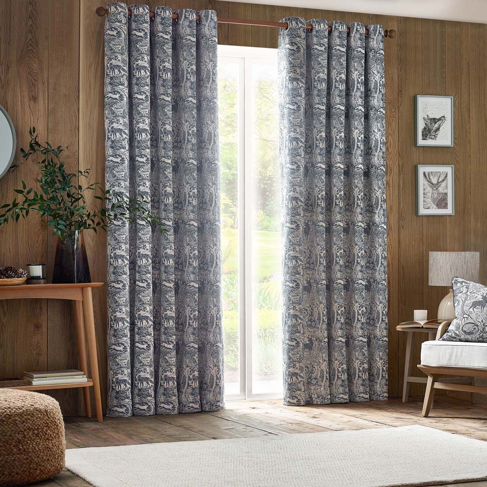 furn. Winter Woods Midnight Animal Chenille Eyelet Curtains 168 x 229cm Image 1