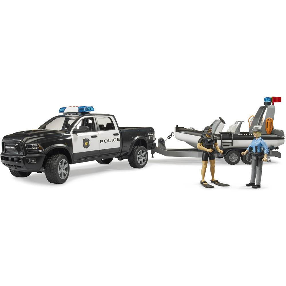 Bruder RAM 2500 Light and Sound Police Pickup Wagon with Trailer Boat and 2 Figures Image 3