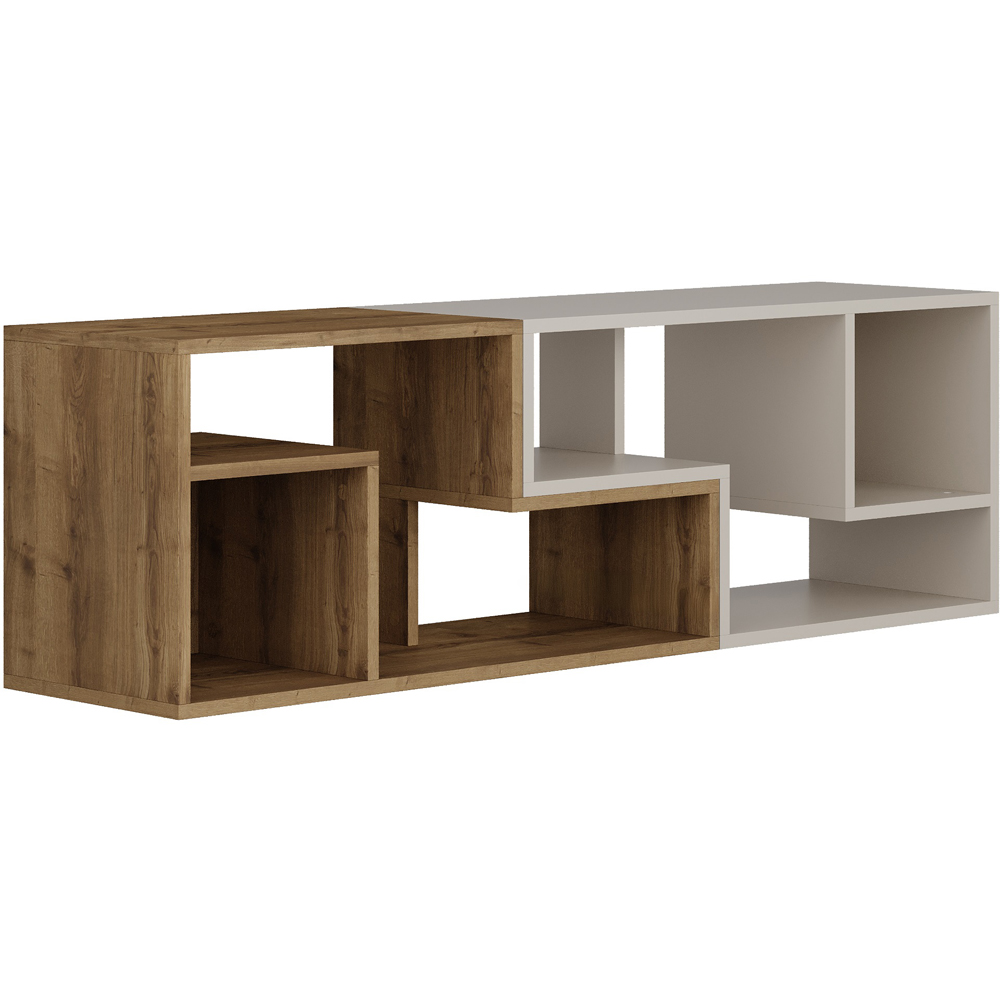 Decortie Glis 6 Shelf Dark Oak and Sandstone Modern Adjustable Corner TV Unit Image 2