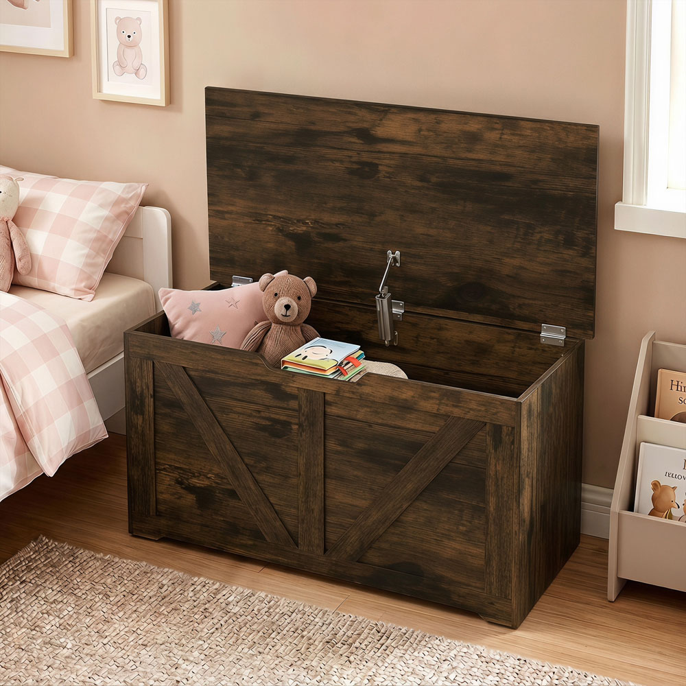 HOMCOM 100L Rustic Brown Storage Trunk with Safety Hinge Image 3