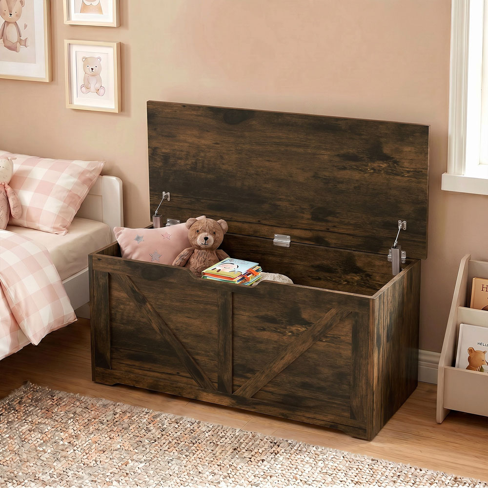 HOMCOM 127L Rustic Brown Storage Trunk with Safety Hinges Image 3