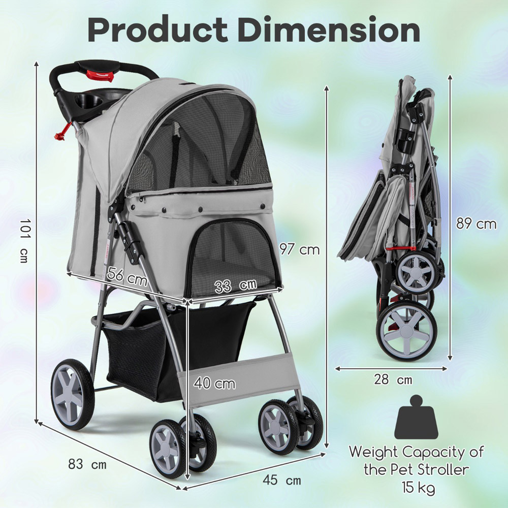 Costway Grey Folding Pet Stroller with Wheels and Canopy Image 8
