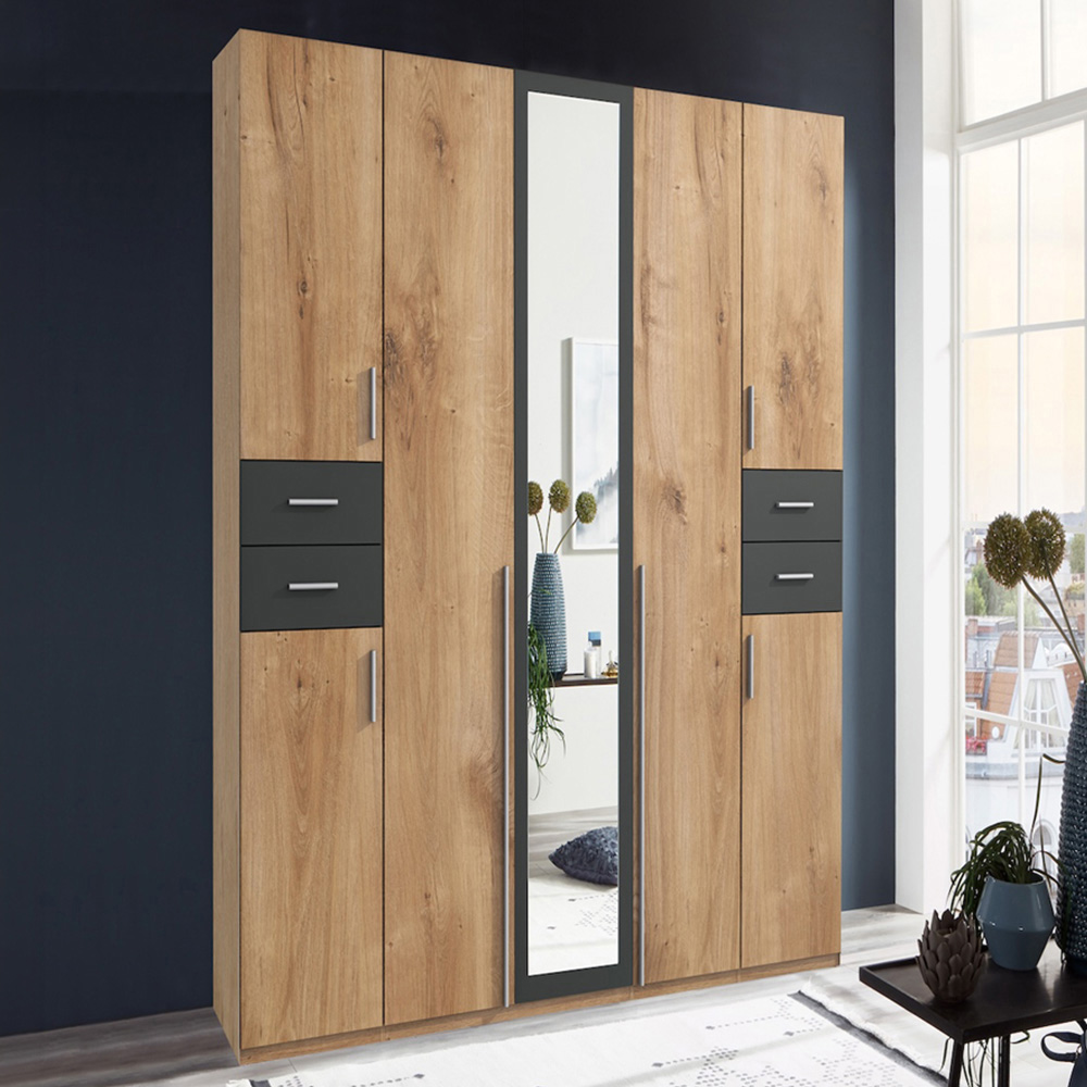TJ'S New York 7 Door 4 Drawer Oak and Grey Wardrobe with Mirror Image 1