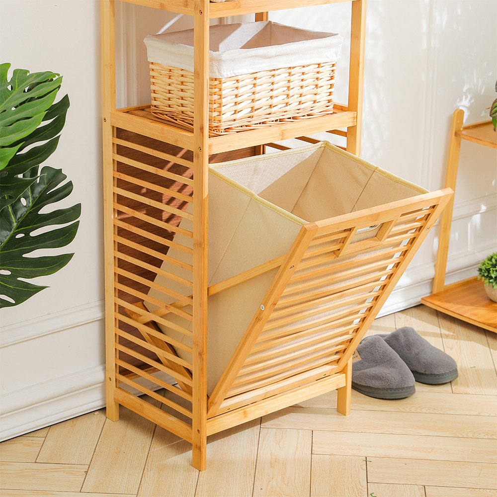 Living And Home Bamboo Laundry Hamper Basket with Liner Bag, Burlywood Image 7