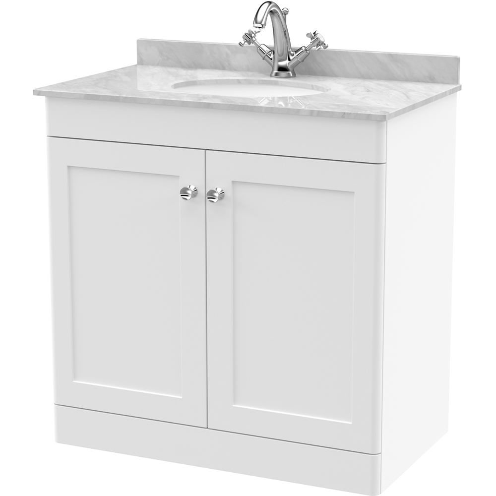 nuie Classique 2 Door Satin White Floor Standing Unit and 1 Tap Hole Marble Top Oval Basin 800mm Image 1