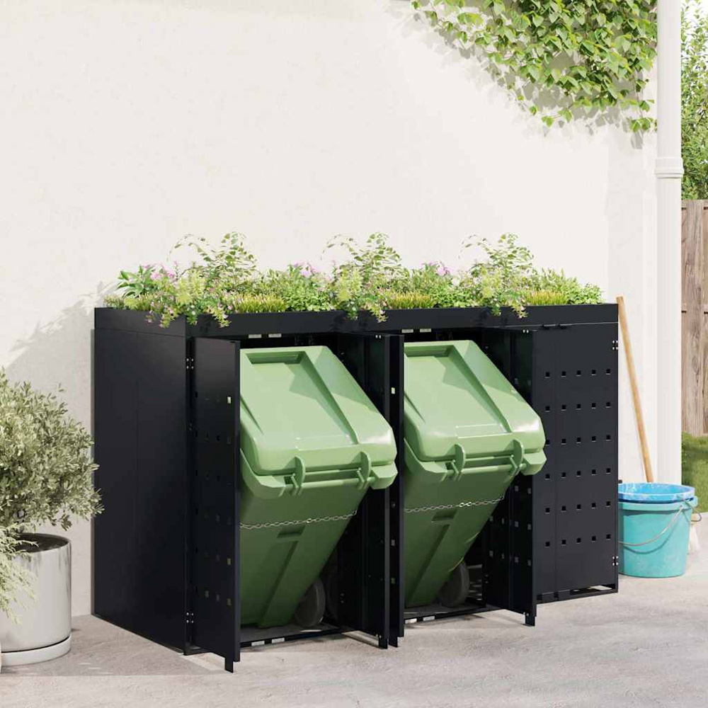 vidaXL Black 3 Wheelie Bin Storage Shed with Planter Roof Image 2
