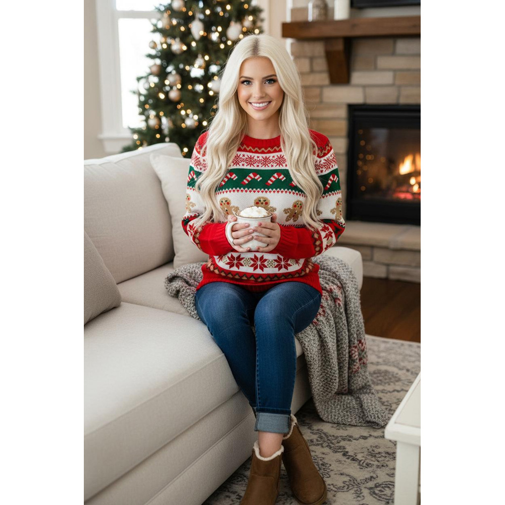 Noel Square Unisex Nordic Gingerbread Crew Neck Christmas Jumper 2XL Multicolour Image 2