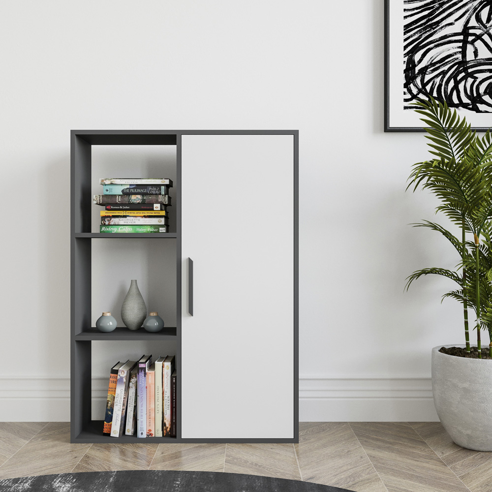 Decorotika Patrick Single Door 3 Shelf Anthracite and White Bookcase Image 4