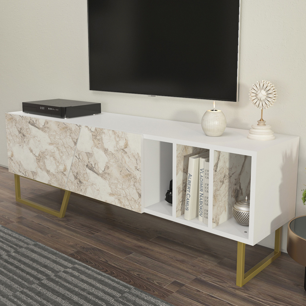Decorotika Linossa 3 Shelf White Marble and Gold TV Unit Image 1