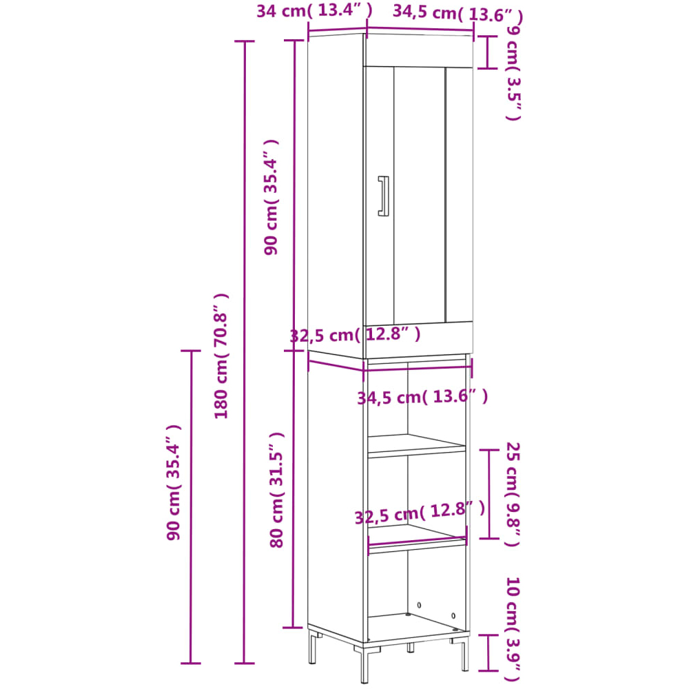 vidaXL 3 Door 3 Shelf Grey Sonoma Highboard Image 6
