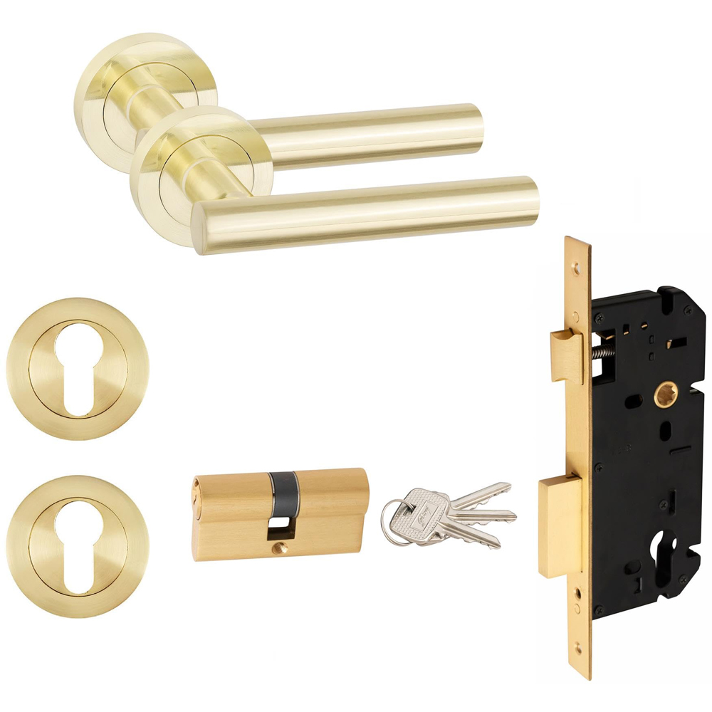 Golden Grace Satin Brass Straight T-Bar Euro Door Handle Pair with Key Lock Image 1