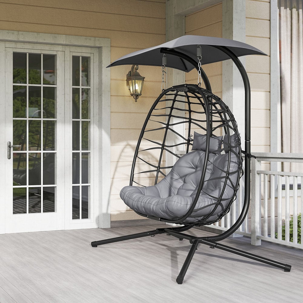 Outsunny 2 Seater Black Rattan Hanging Egg Chair with Canopy and Cushion Image 3