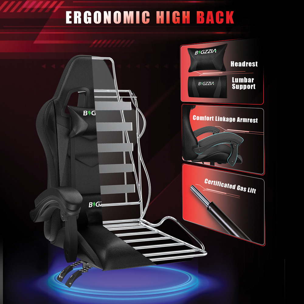 Rattrix Black Height Adjustable Lumbar Backrest Gaming Chair with Headrest and LED Light Image 3