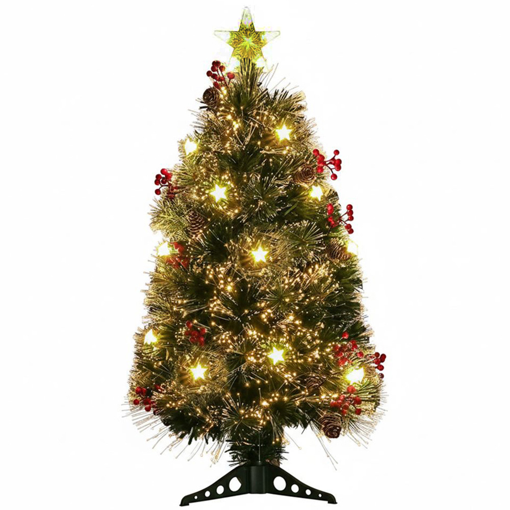 The Christmas Centre 12 Warm White LED Green Fibre Optic Artificial Xmas Tree with Berries Cones 3ft Image 1