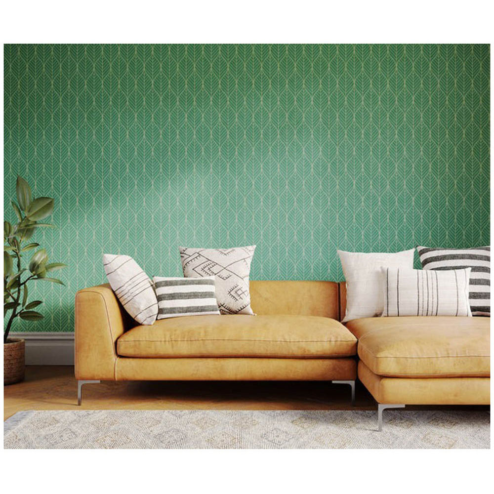 Bobbi Beck Eco Luxury Geometric Line Drawn Leaf Dark Green Wallpaper Image 2