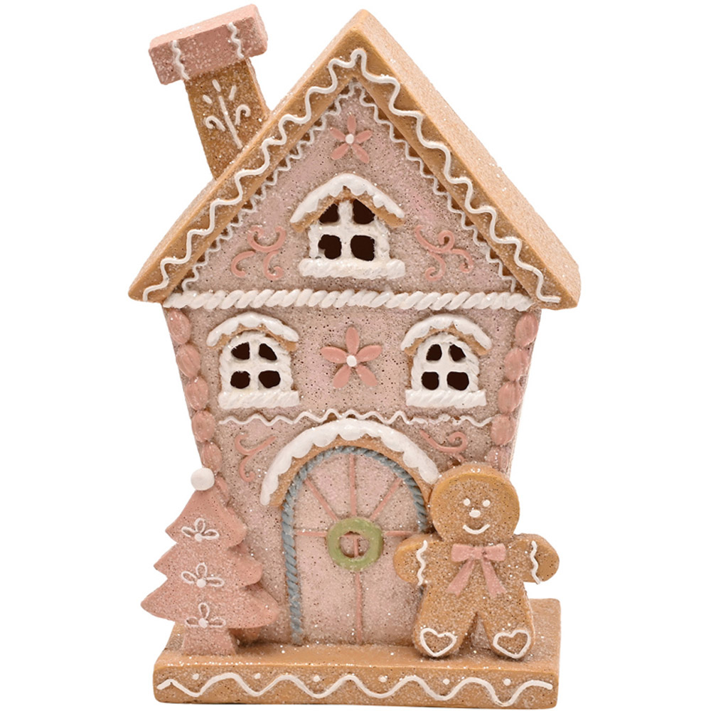 The Seasonal Gift Co. Santa and Friends Pink Gingerbread House LED Christmas Decoration 22cm Image 1