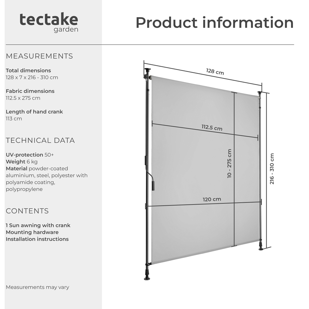 tectake Taija Light Grey Retractable Awning with Hand Crank 3.1 x 1.28m Image 8