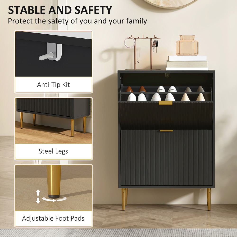 Portland 2 Flip Drawer Black Slim Shoe Storage Cabinet Image 5