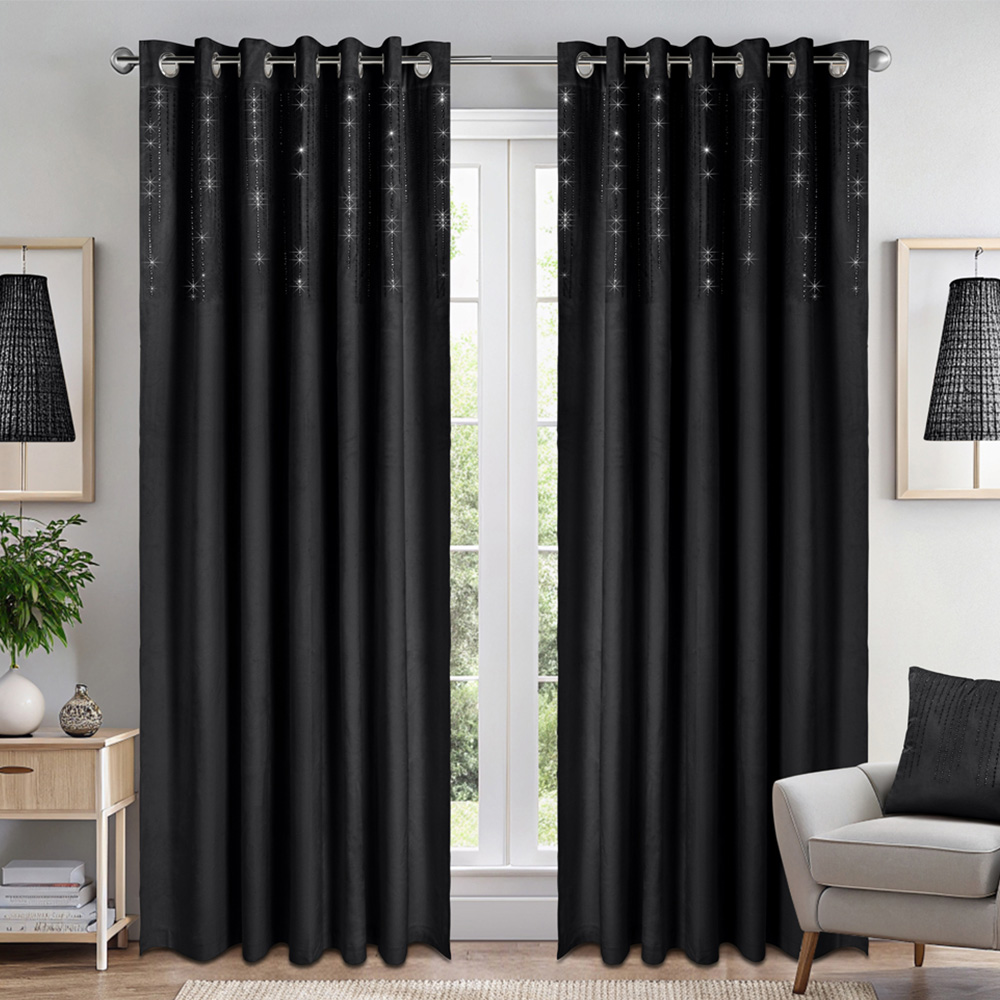 Alan Symonds Black Cascading Diamante Studs Velvet Blackout Ring Top Eyelet Curtains 168 x 229cm Image 1