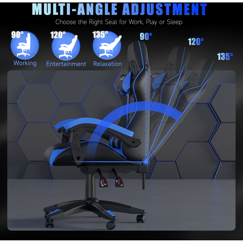 Rattrix Blue PU Leather Reclining High Back Gaming Chair with Headrest and Lumbar Support Image 5