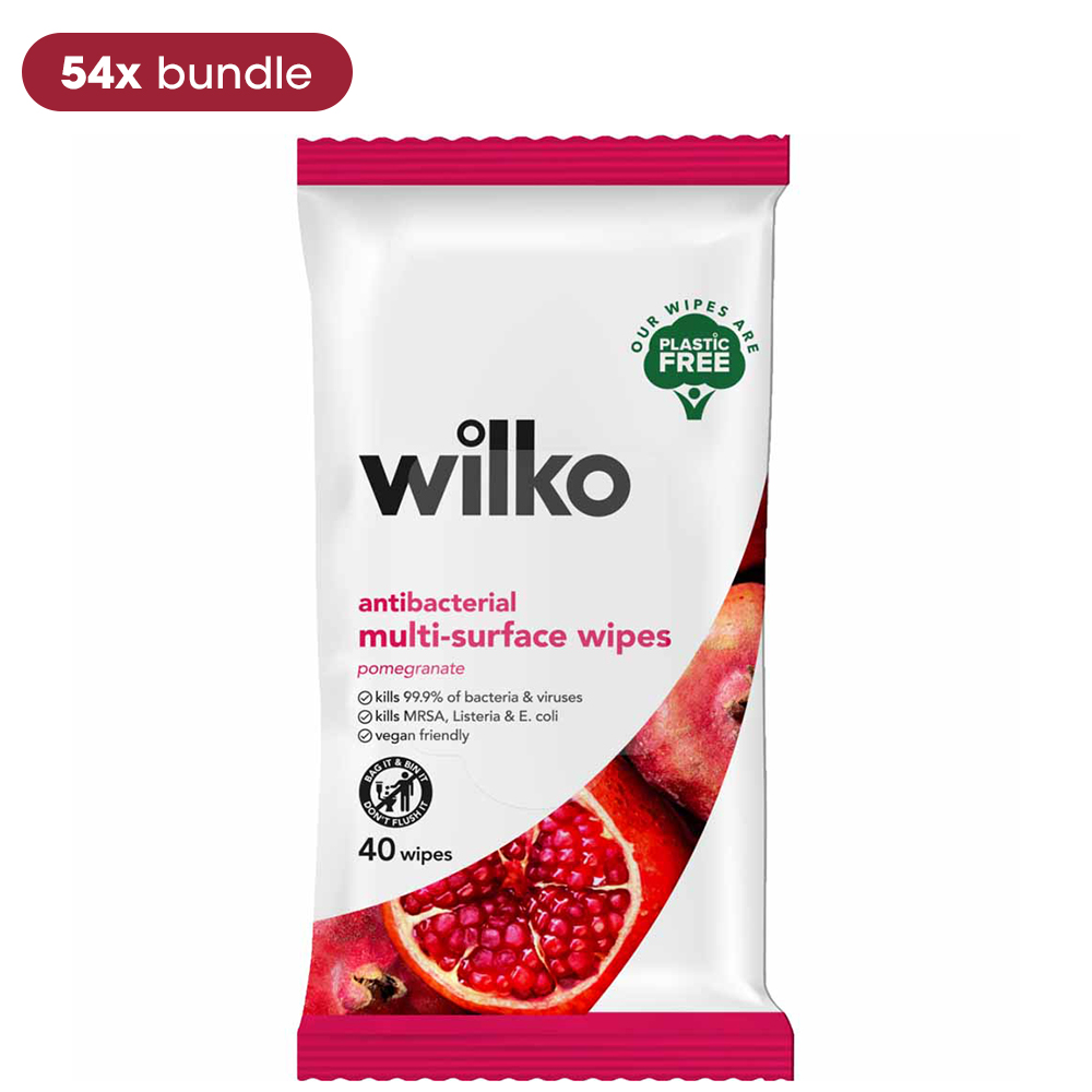 Wilko Plastic Free Antibacterial Pomegranate Surface Wipes 6 x 40