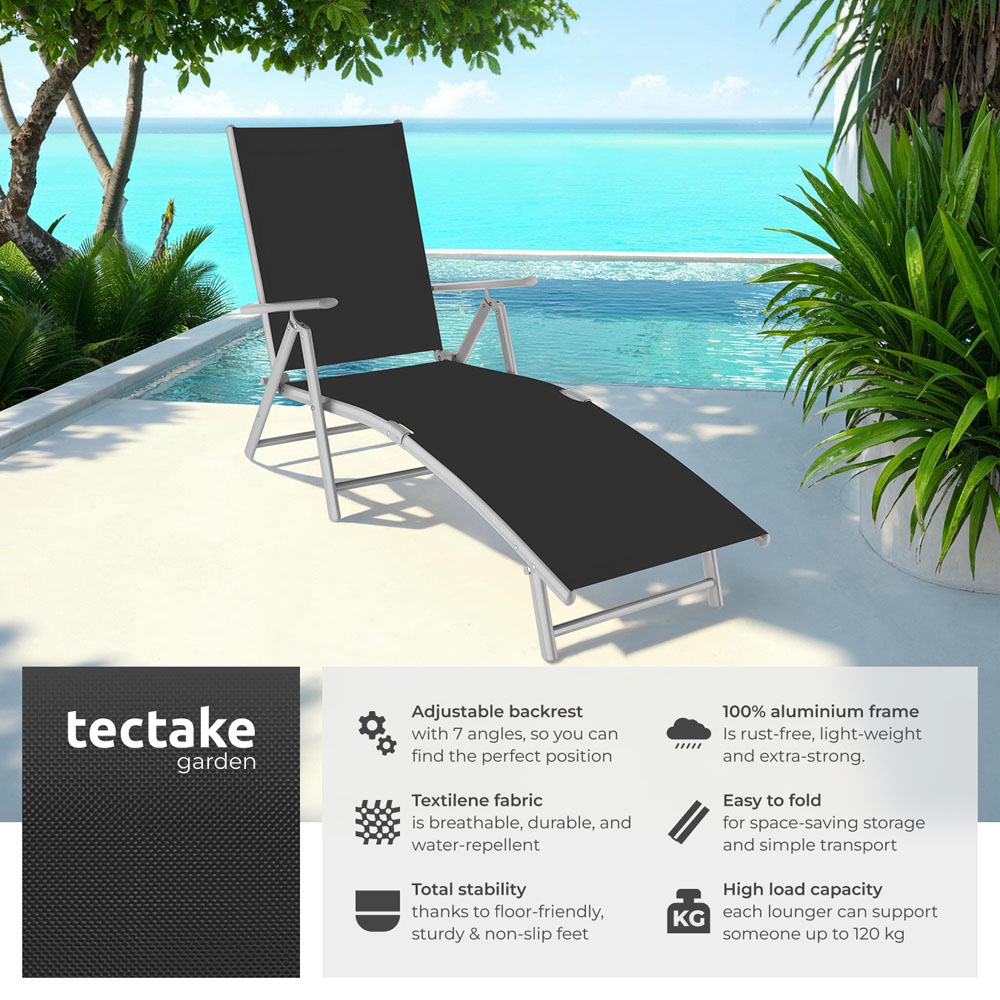 tectake Marisol Black and Silver Foldable and 7 Step Adjustable Sun Lounger Image 6