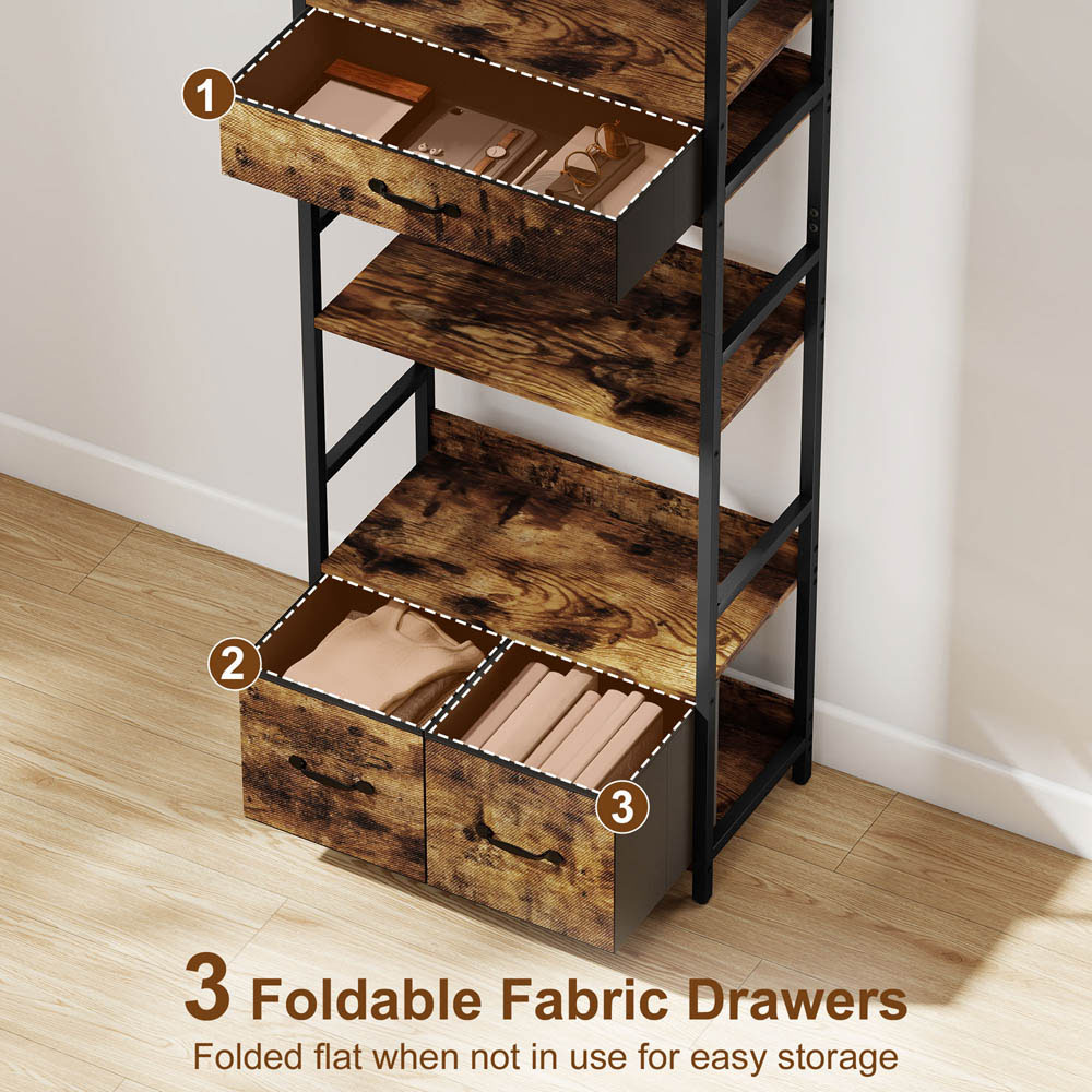 Portland 3 Fabric Drawer and 4 Shelf Rustic Brown Industrial Bookcase Image 8