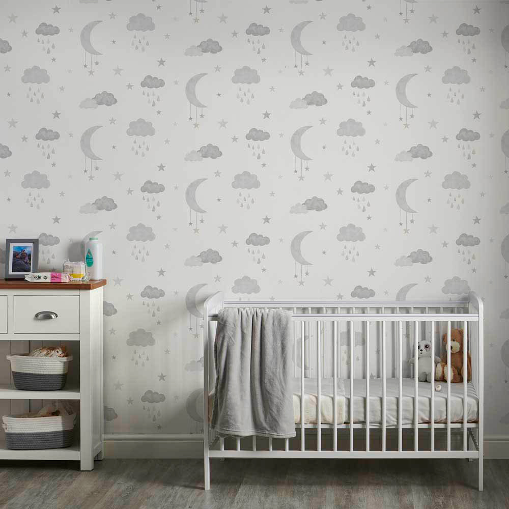 Grandeco Moon and Stars Nursery Natural Grey Textured Wallpaper Image 3