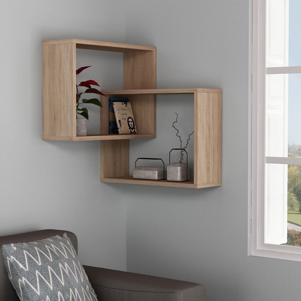 Decortie Ring Corner 3 Shelf Oak Wall Mounted Modern Bookcase Image 3