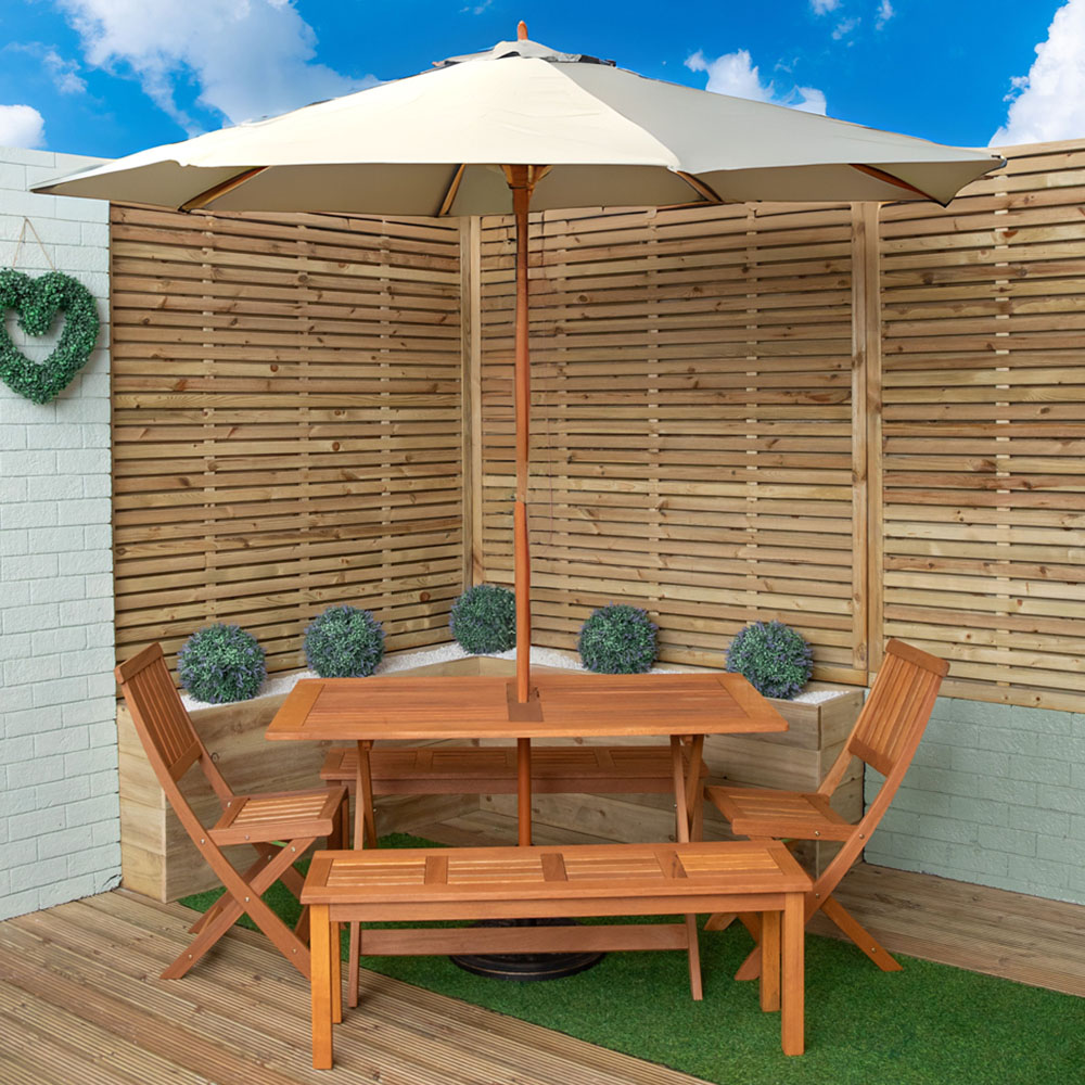 Samuel Alexander 6 Seater Wooden Rectangular Dining Bench Set with Cream Parasol and Base Image 1