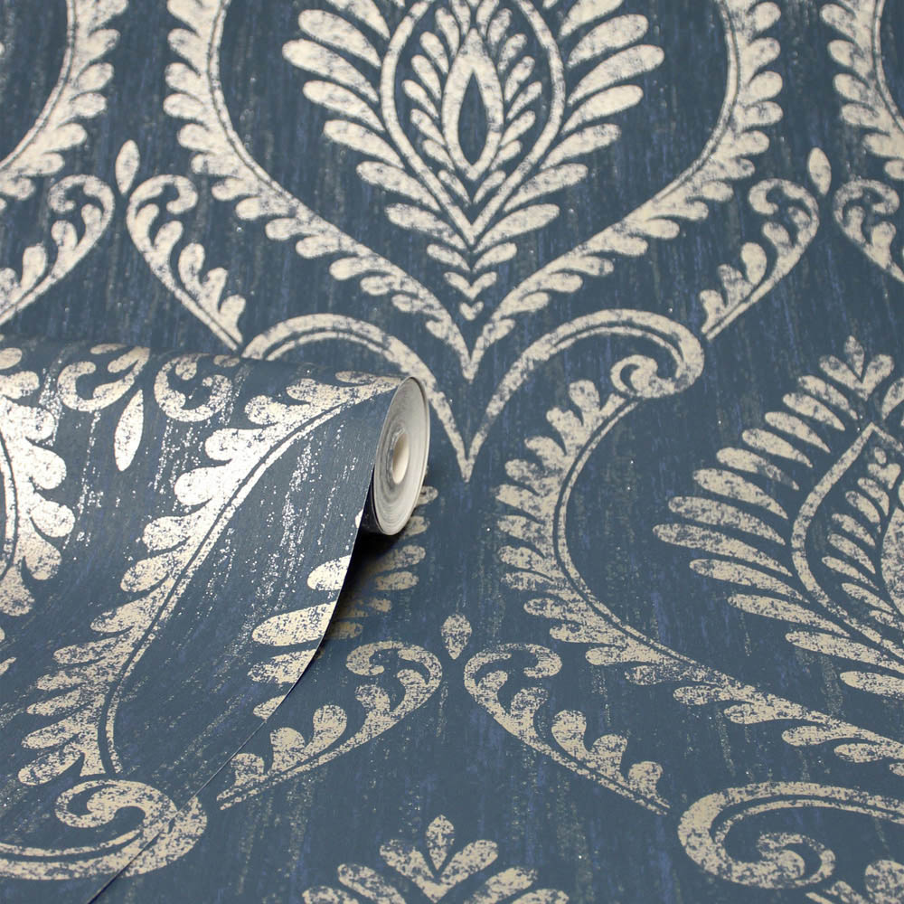 Fine Decor Estelle Damask Navy Wallpaper Image 2