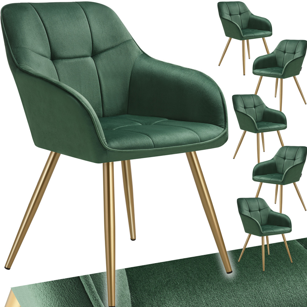 tectake Marilyn Set of 6 Green and Gold Quilted Velvet Dining Chair Image 2