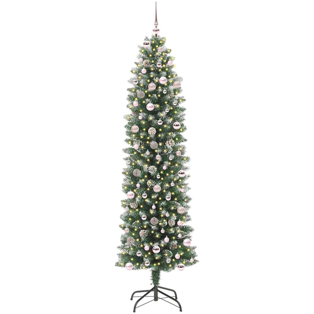 vidaXL Pre-Lit Warm White LED and Pink Baubles Green Slim Artificial Christmas Tree 8ft Image 1