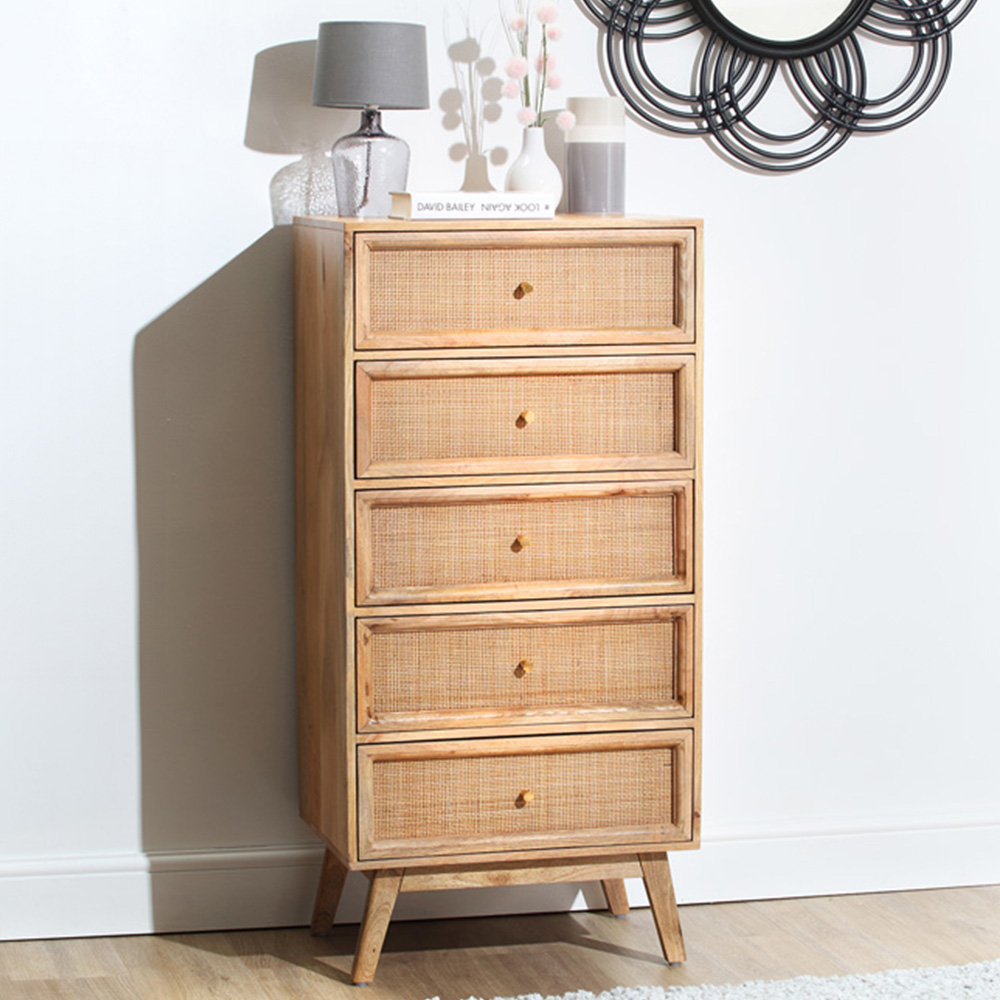 Desser Venice 5 Drawer Tall Natural Rattan and Mango Wood Chest of Drawers Image 1