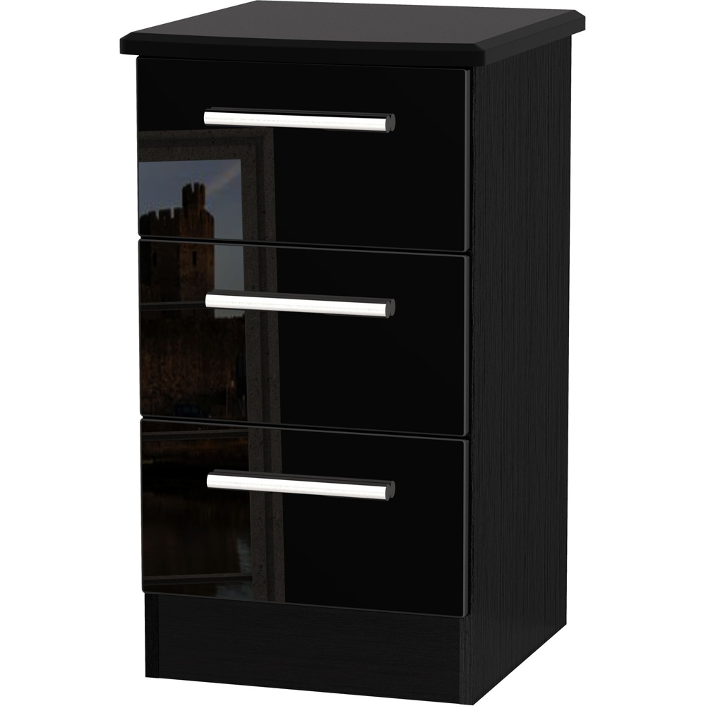 Crowndale Knightsbridge 3 Drawer Black Gloss and Black Bedside Cabinet Ready Assembled Image 2