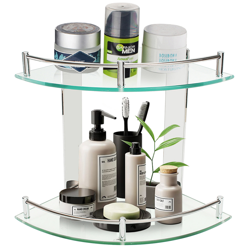 Living And Home 2 Tier Tempered Glass Stainless Steel Corner Shelf Rack Image 3